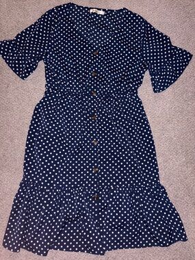 Navy Polka Dot Button-Front Midi Dress